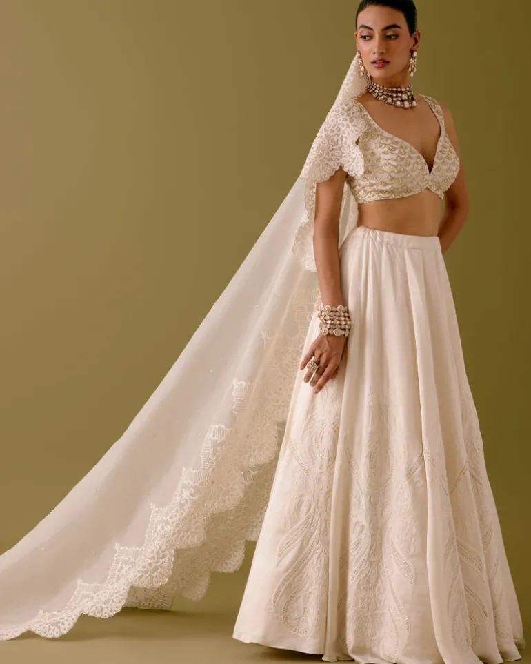 Ivory Embroidered Silk Satin Lehenga