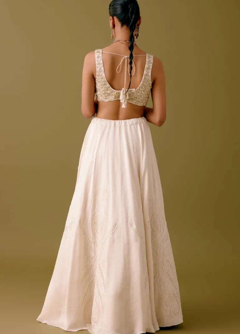 Ivory Embroidered Silk Satin Lehenga