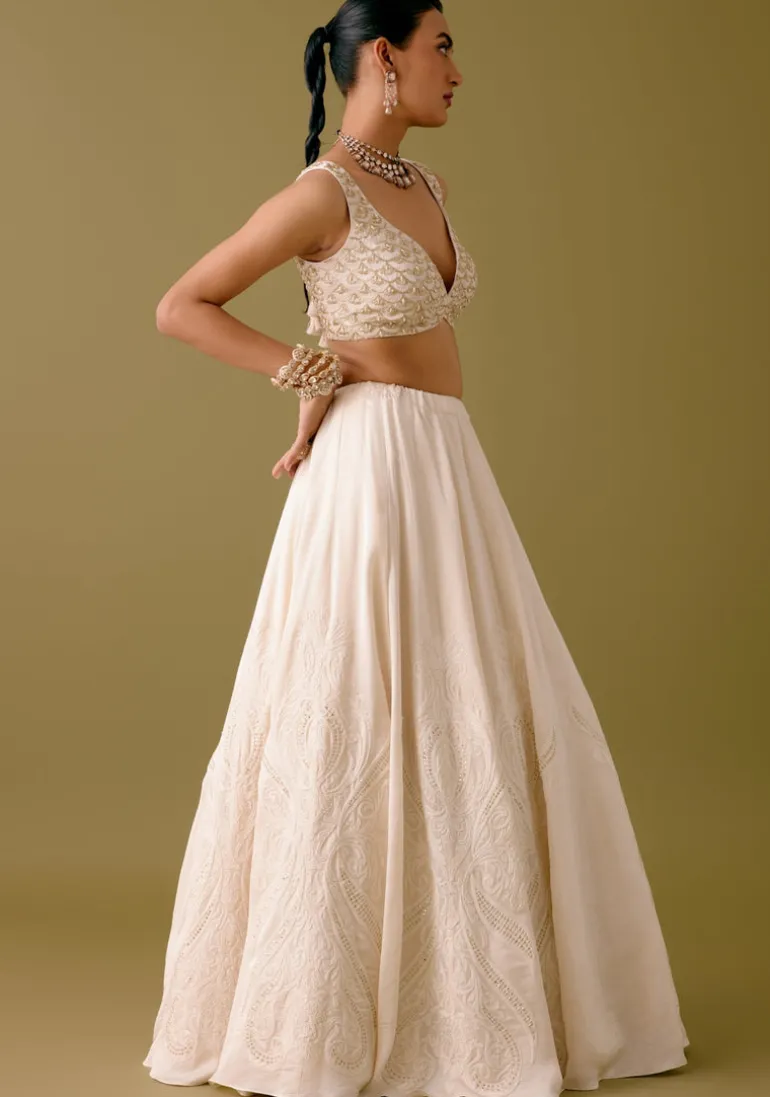Ivory Embroidered Silk Satin Lehenga