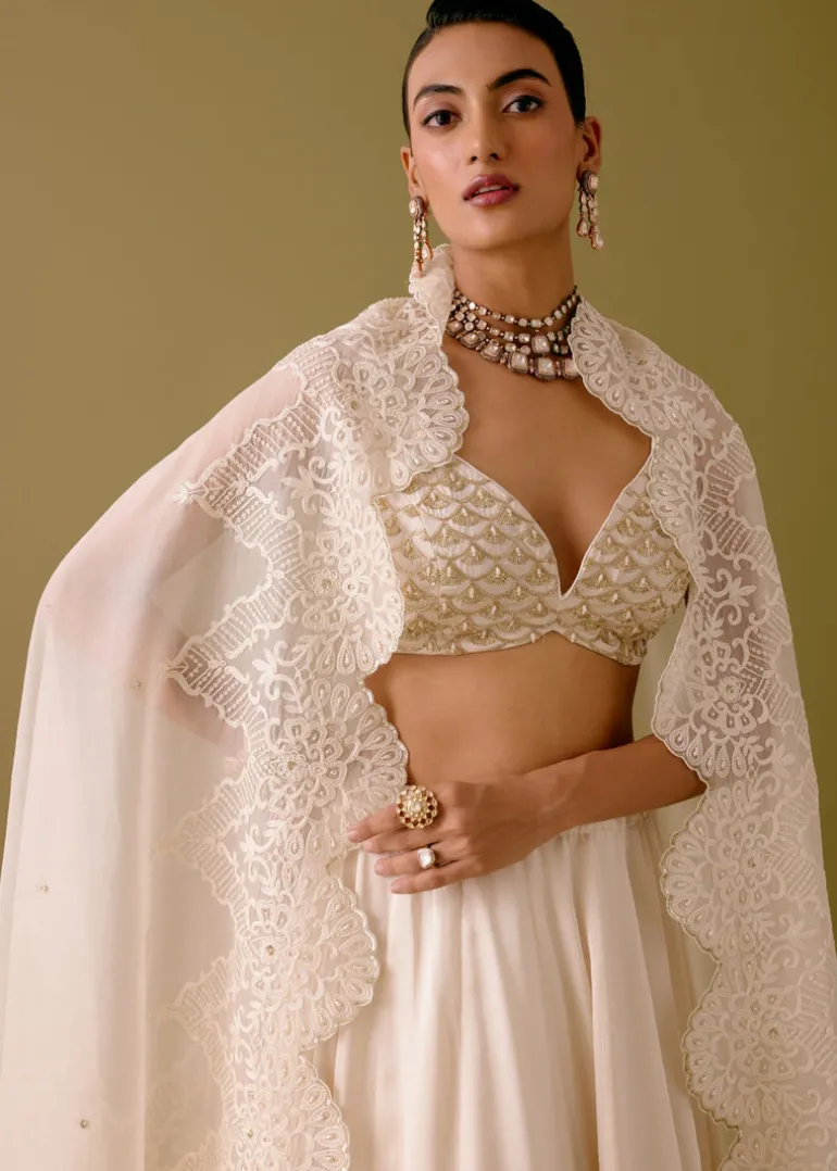 Ivory Embroidered Silk Satin Lehenga