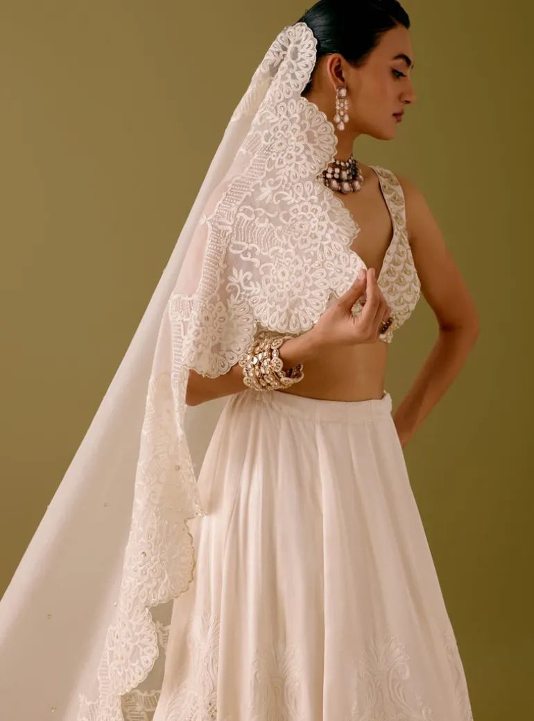 Ivory Embroidered Silk Satin Lehenga