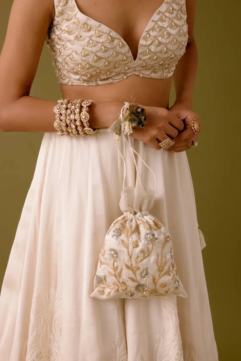 Ivory Embroidered Silk Satin Lehenga