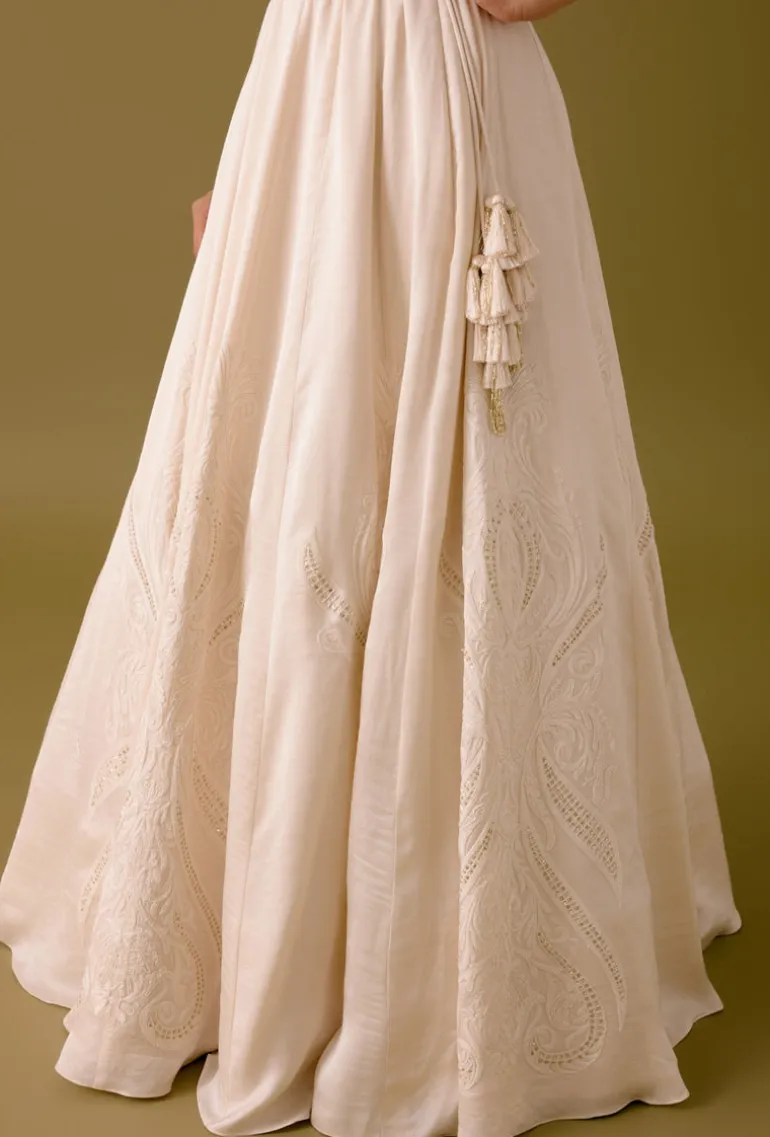 Ivory Embroidered Silk Satin Lehenga