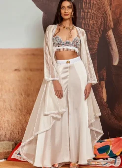 Ivory Flared Sharara with Shellace Beaded Bustier & Cape Set