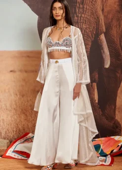 Ivory Flared Sharara with Shellace Beaded Bustier & Cape Set