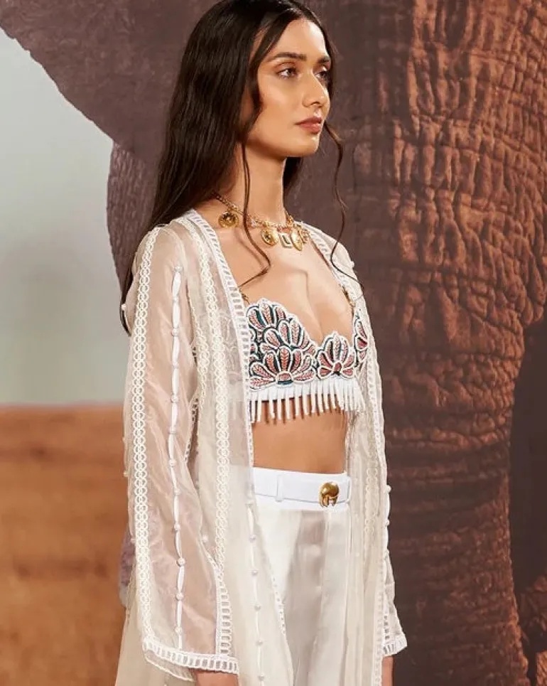 Ivory Flared Sharara with Shellace Beaded Bustier & Cape Set