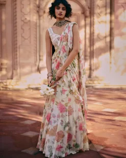 Ivory Floral Chintz Pre-Draped Sari Set
