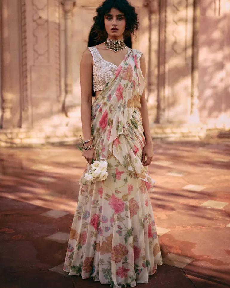 Ivory Floral Chintz Pre-Draped Sari Set
