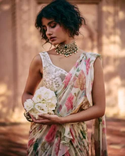Ivory Floral Chintz Pre-Draped Sari Set