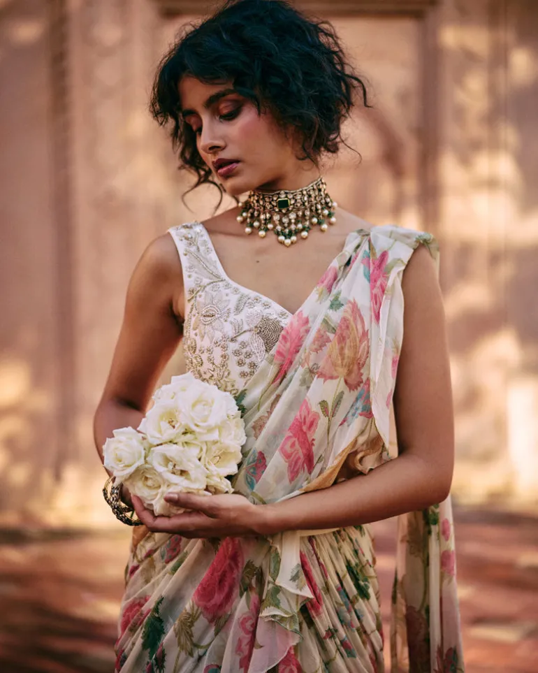Ivory Floral Chintz Pre-Draped Sari Set