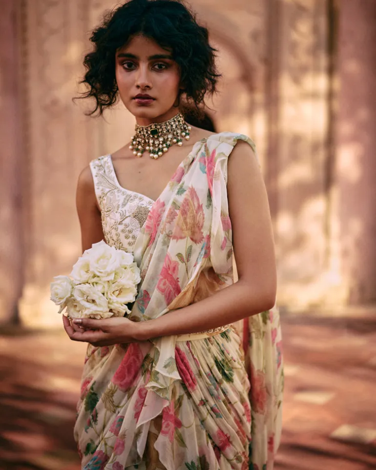 Ivory Floral Chintz Pre-Draped Sari Set