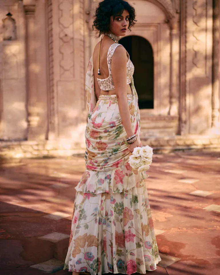 Ivory Floral Chintz Pre-Draped Sari Set