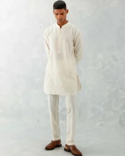 Ivory Floral Embroidered Chanderi Short Kurta Set