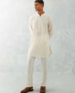 Ivory Floral Embroidered Chanderi Short Kurta Set