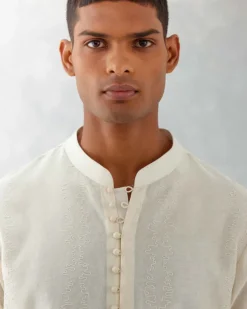 Ivory Floral Embroidered Chanderi Short Kurta Set