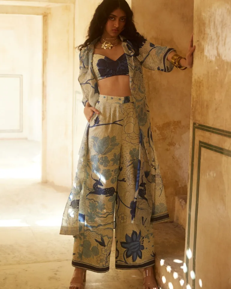Ivory Floral Pleated Blouse And Jacket Set