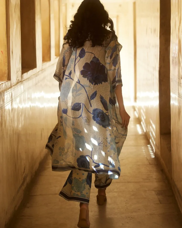 Ivory Floral Pleated Blouse And Jacket Set