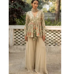 Ivory Floral Print Embroidered Peplum Set