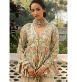 Ivory Floral Print Embroidered Peplum Set