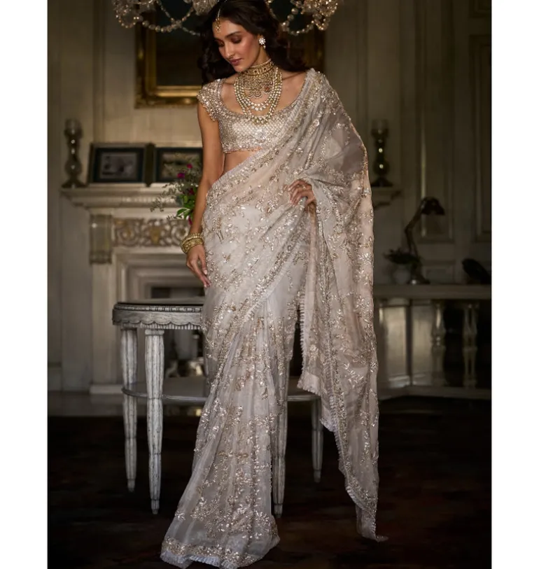 Ivory Gold Sequin Sari