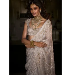 Ivory Gold Sequin Sari