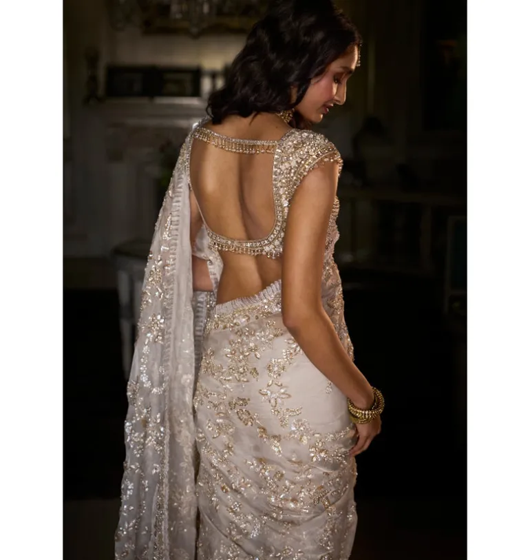 Ivory Gold Sequin Sari