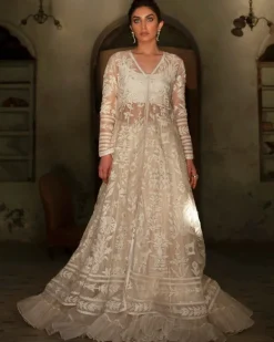 Ivory Kalidar With Voluminous Crushed Silk Lehenga Set