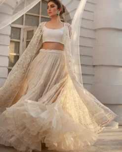 Ivory Kalidar With Voluminous Crushed Silk Lehenga Set
