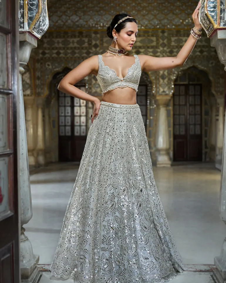 Ivory Mirror Work Lehenga Set
