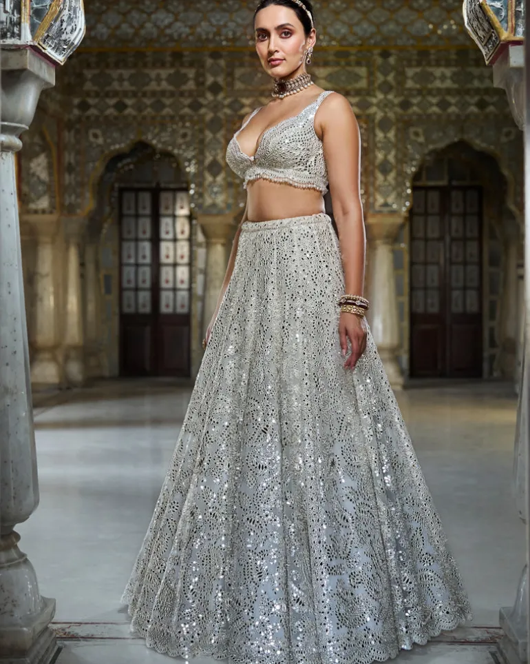 Ivory Mirror Work Lehenga Set