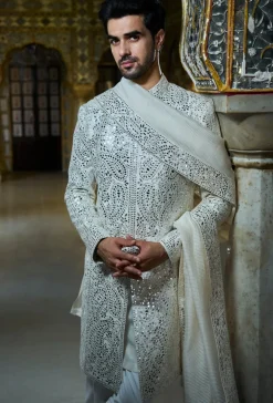 Ivory Mirror Work Sherwani Set