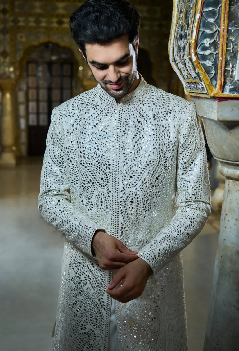 Ivory Mirror Work Sherwani Set