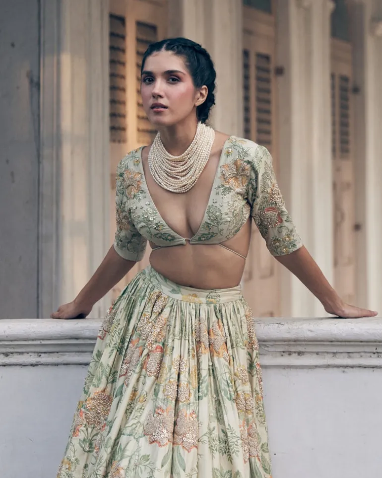Ivory Orange Floral Printed Elbow Sleeve Lehenga Set