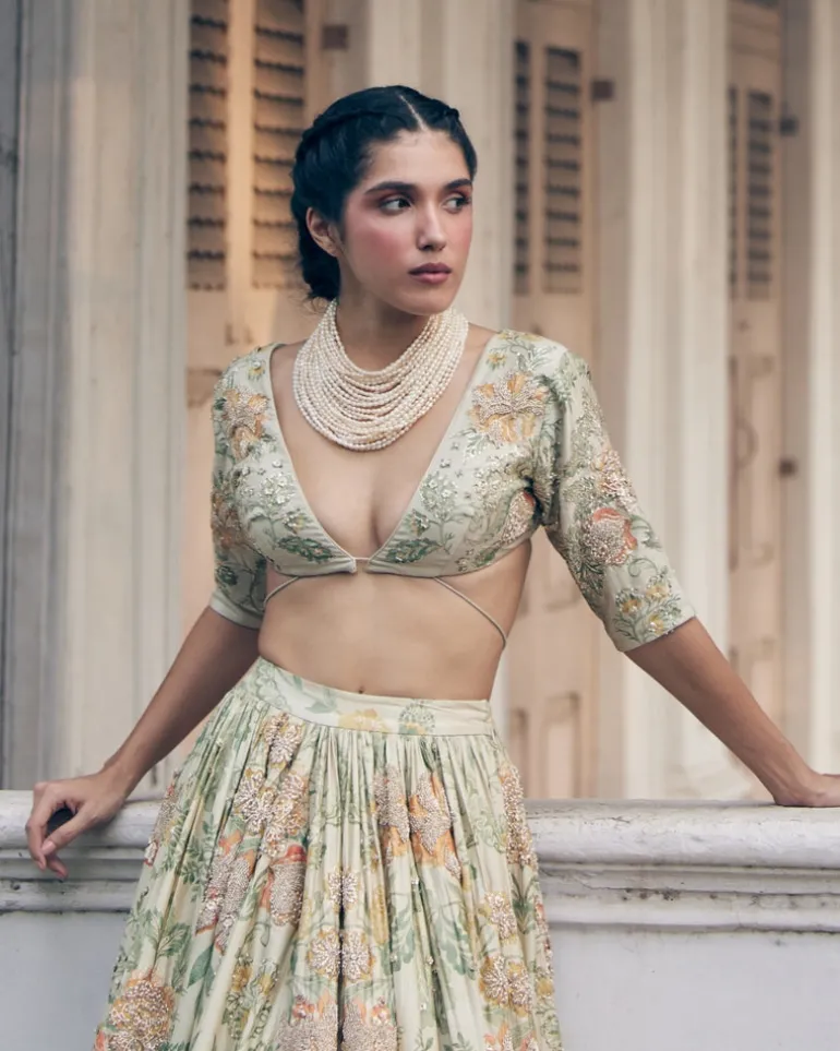 Ivory Orange Floral Printed Elbow Sleeve Lehenga Set