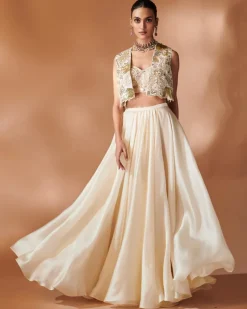Ivory Organza Skirt With An Embroidered Blouse And Jacket
