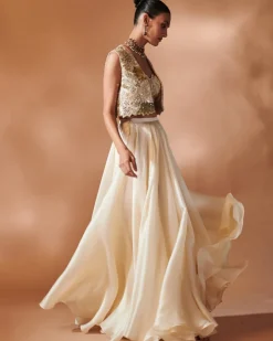 Ivory Organza Skirt With An Embroidered Blouse And Jacket