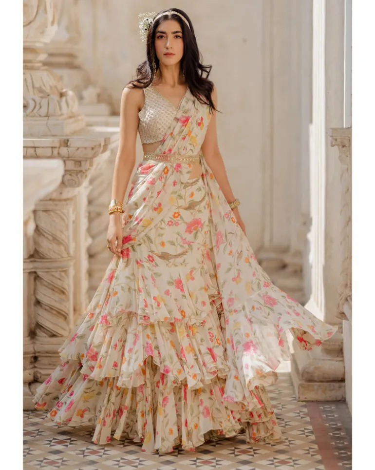 Ivory Pre-Stitched Drape Sari Set