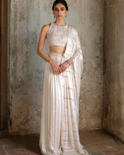 Ivory Satin Silk Drape Sari Set