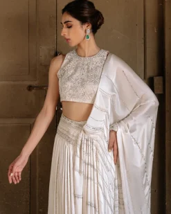 Ivory Satin Silk Drape Sari Set