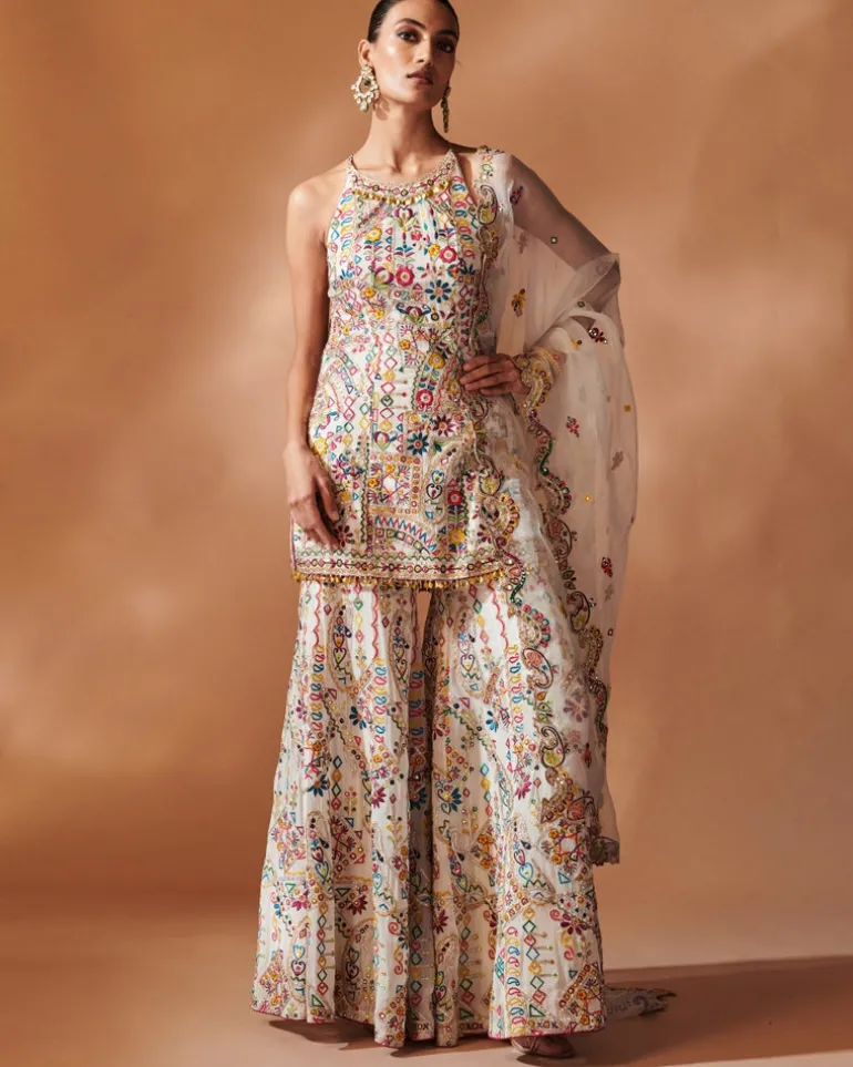 Ivory Sharara And Halter Kurta Set