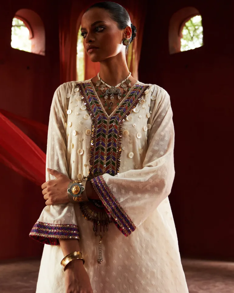 Ivory Short Kurta & Slit Pant Set