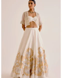 Ivory Silk Chanderi Hand-Painted Skirt And Cape Set