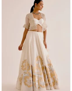 Ivory Silk Chanderi Hand-Painted Skirt And Cape Set
