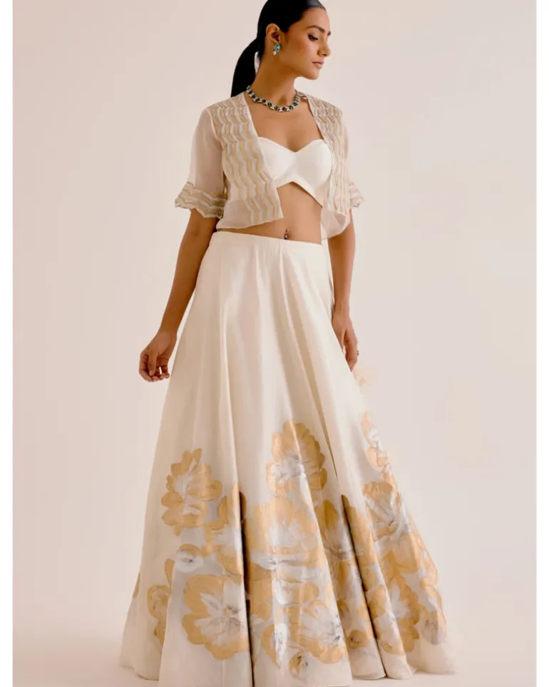 Ivory Silk Chanderi Hand-Painted Skirt And Cape Set