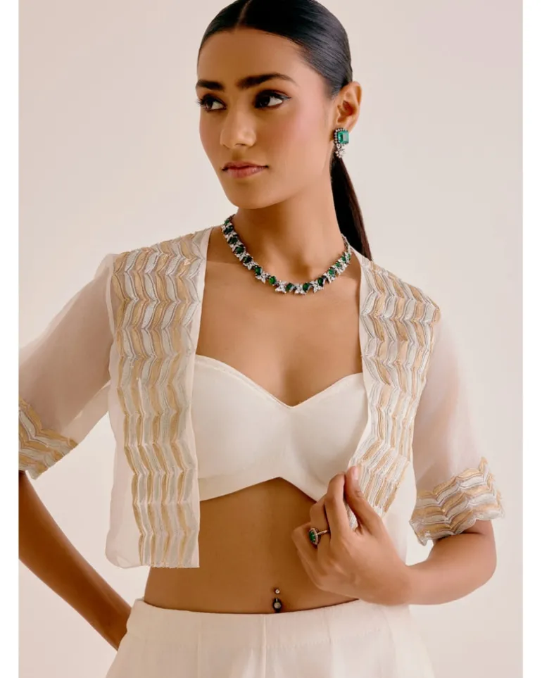 Ivory Silk Chanderi Hand-Painted Skirt And Cape Set