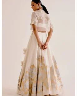 Ivory Silk Chanderi Hand-Painted Skirt And Cape Set