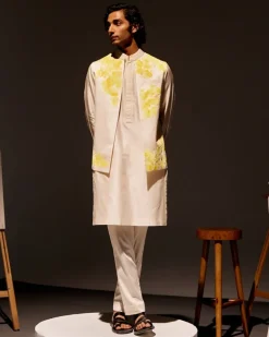 Ivory Silk Chanderi Kurta And Hand-Painted Bandi Set