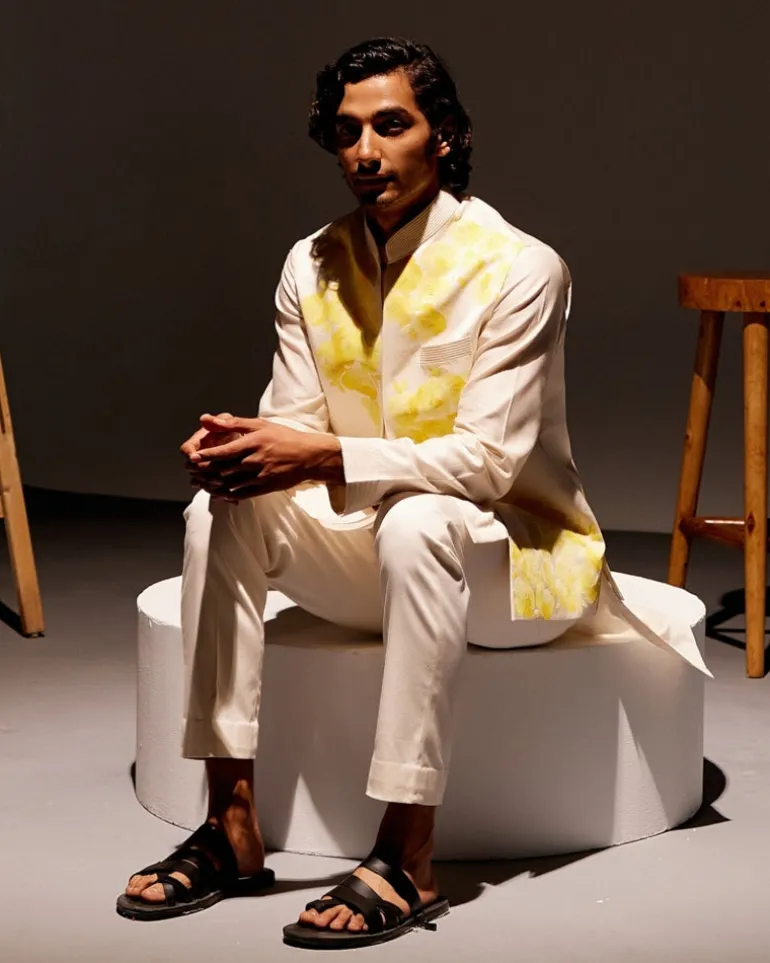 Ivory Silk Chanderi Kurta And Hand-Painted Bandi Set