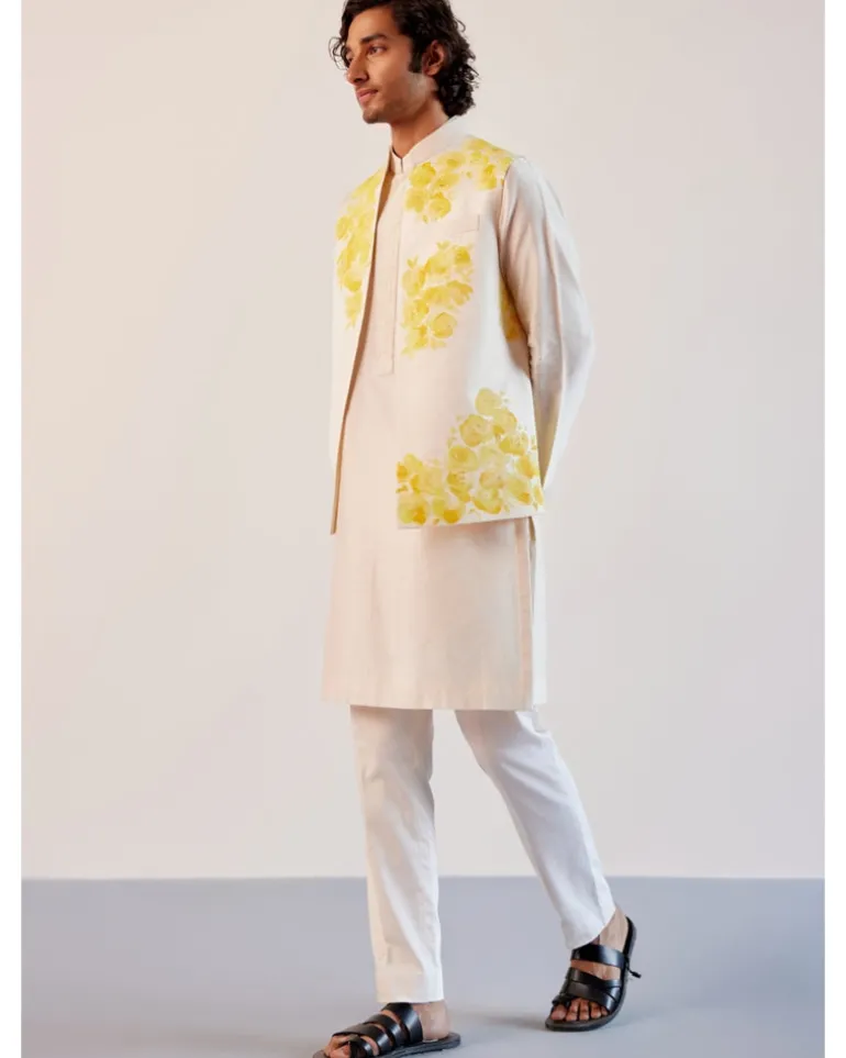 Ivory Silk Chanderi Kurta And Hand-Painted Bandi Set