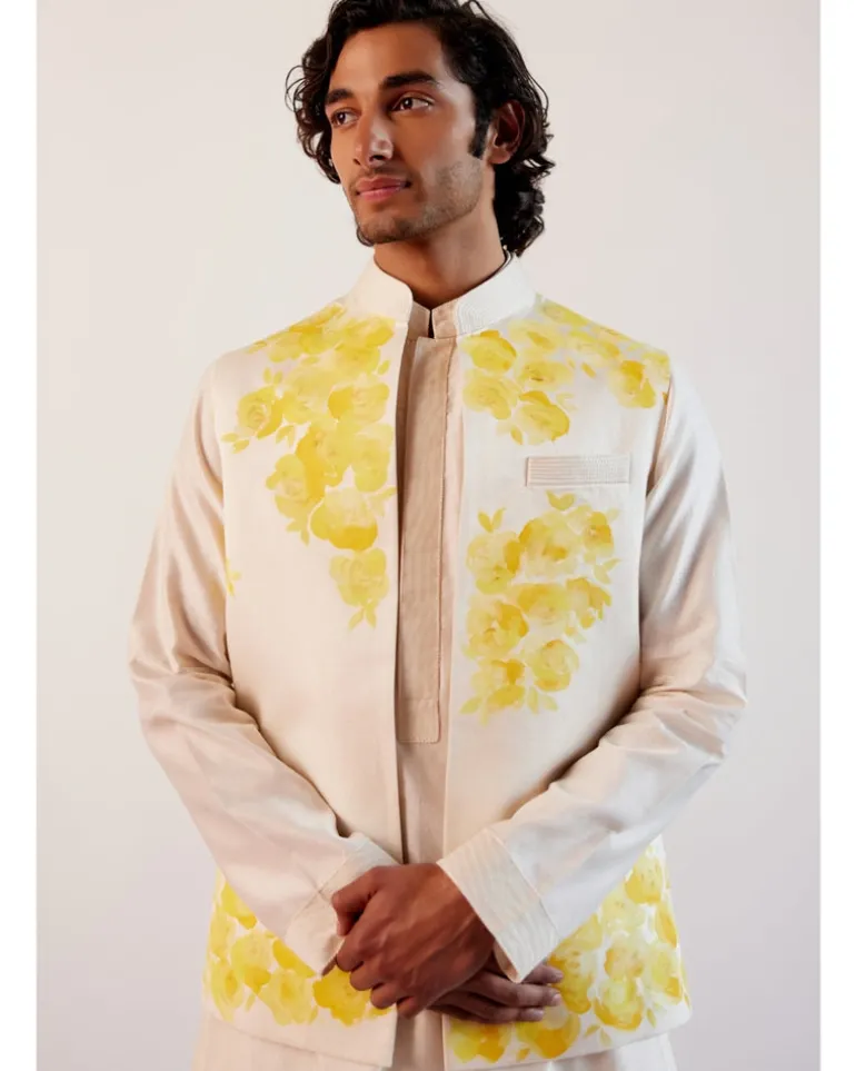 Ivory Silk Chanderi Kurta And Hand-Painted Bandi Set